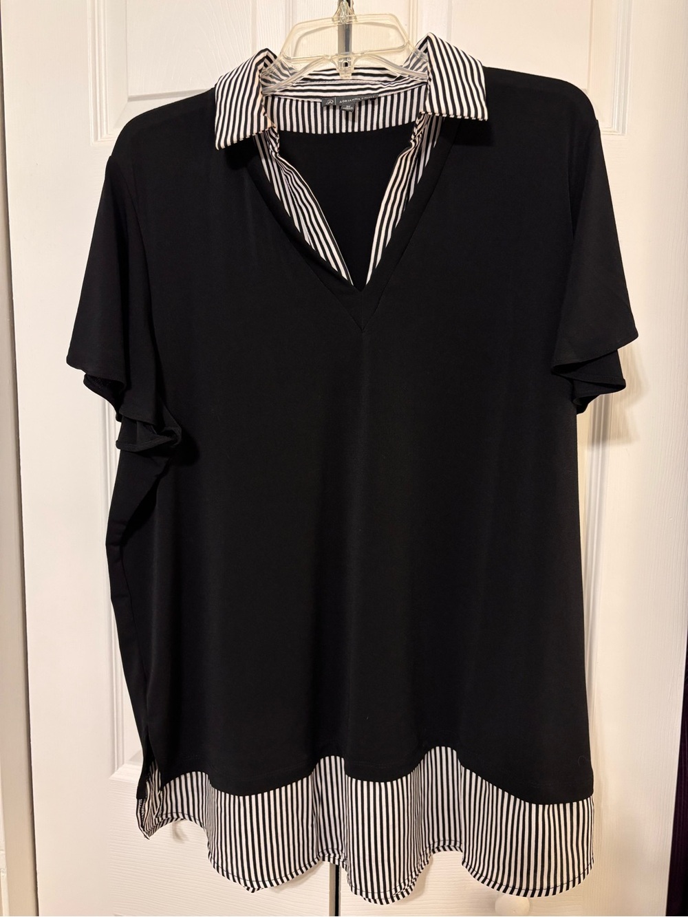 Adrianna Papell 3X Black Tunic Top Striped Collar Scalloped Hem Layered Look